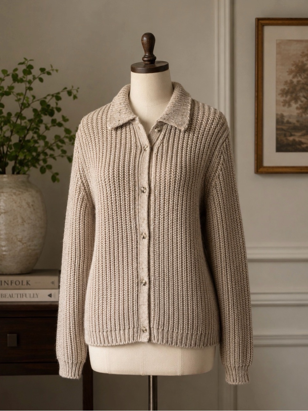 Vintage Eddie Bauer Size L Chunky Knit Long Sleeve 80% Wool Cardigan Make In UK